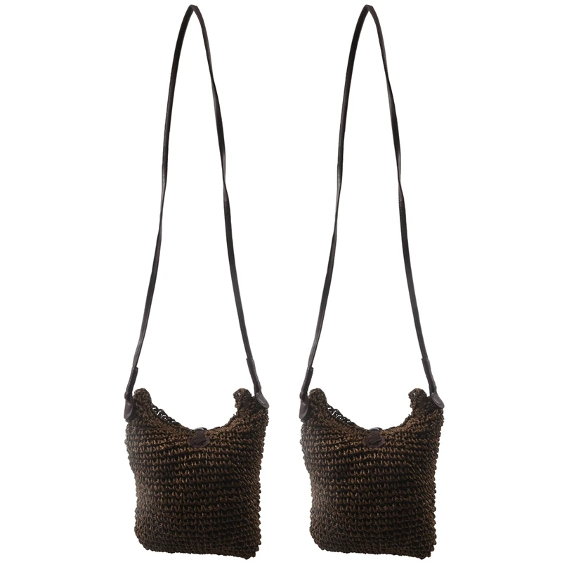 2X Fabric Bags Shoulder Straw Summer Of Women Fabric Crossbody Bags Canvas Jute Beach Travel Bag Brown