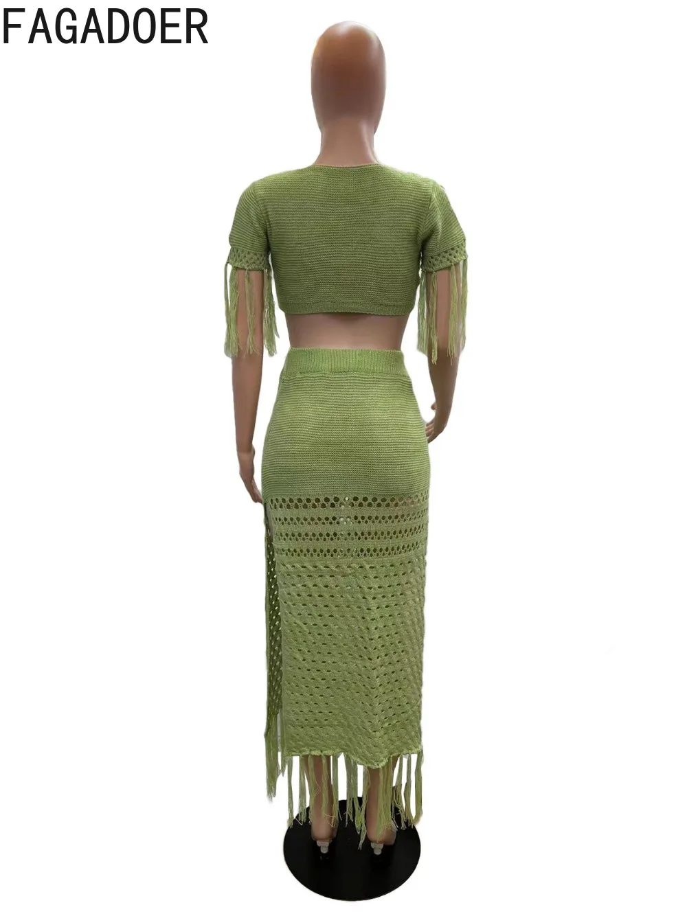 FAGADOER Green Fashion Knitting Hollow Tassels Two Piece Sets Women Round Neck Short Sleeve Crop Top+Skinny Slit Skirts Outfits