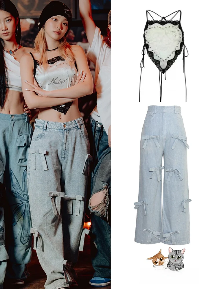 

Gold Source Lace Print Halter Neck Denim Outfit with Bow Tie Stage Performance Clothing Set Women's Spring Fashion Polyester