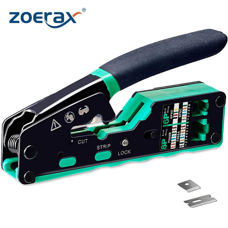 Zoerax Rj45 Crimp Tool Kit Passeren Cat6 Crimping Tool Voor Cat5 Cat5e Cat6 8p8c Connector, All-In-One Ethernet Crimper