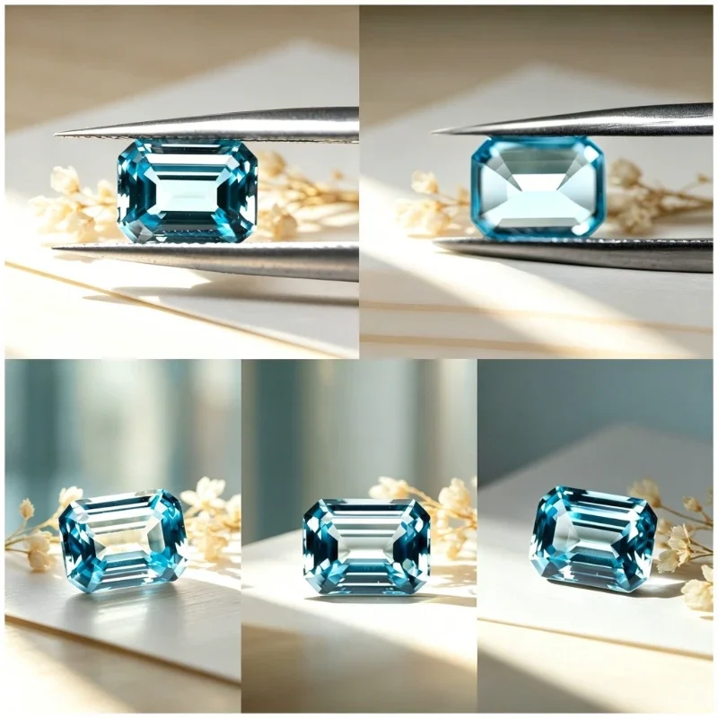 Laborgezüchteter Saphir in Smaragdform mit Aquamarin-Farbe und Zertifikat – Detail 6