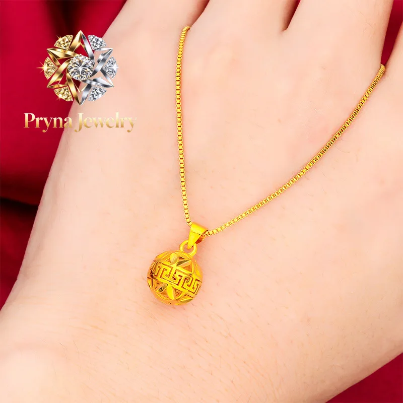 Pryna Jewelry   Ball Pendant Fine Chain for Women, 24K Gold, AU999 | Polished gold ball on delicate 4MM chain, radiant for daily