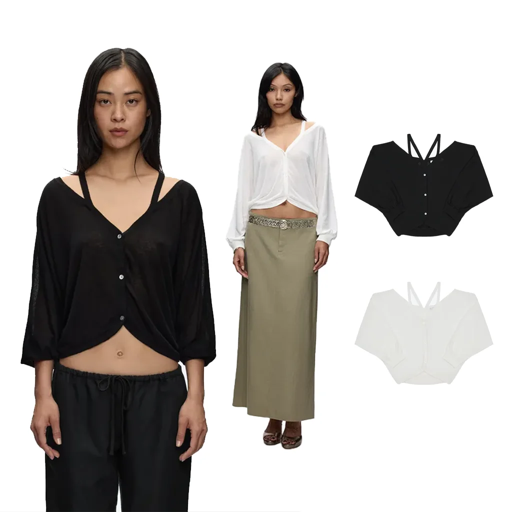 Tank Top with Faux Two-Piece Halter V-Neck Cardigan, Off-Shoulder Cross Strap Thin Semi-Sheer Short Sun-Protective Cover-Up, Lazy Style Top, Faux Two-Piece Halter Off-Shoulder Design, Black Batwing Sleeve Draped Jacket
