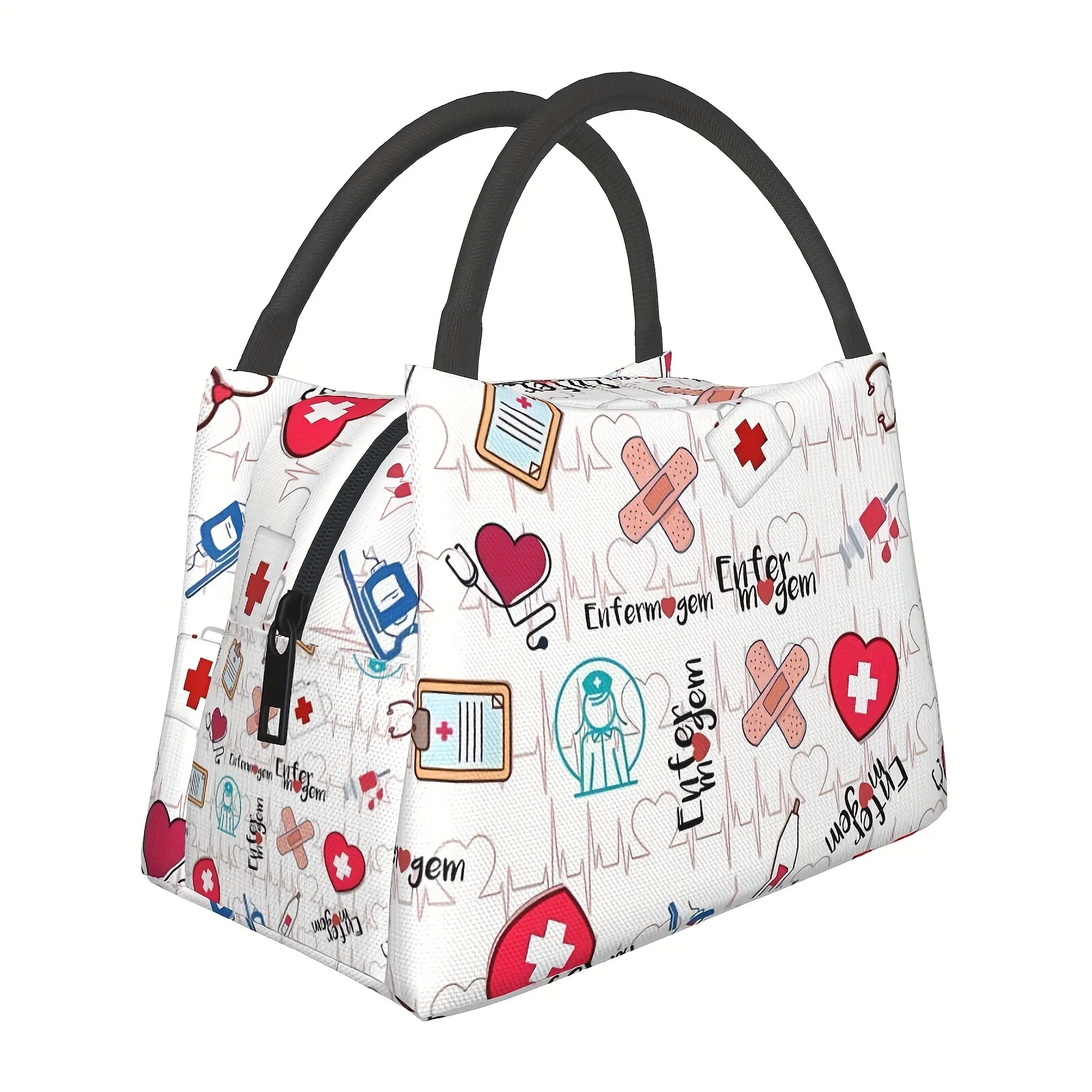 

Reusable Medical-Themed Insulated Lunch Bag with Thermal Seal Zipper - EKG & Heart Design, Unisex Cooler Tote for Travel