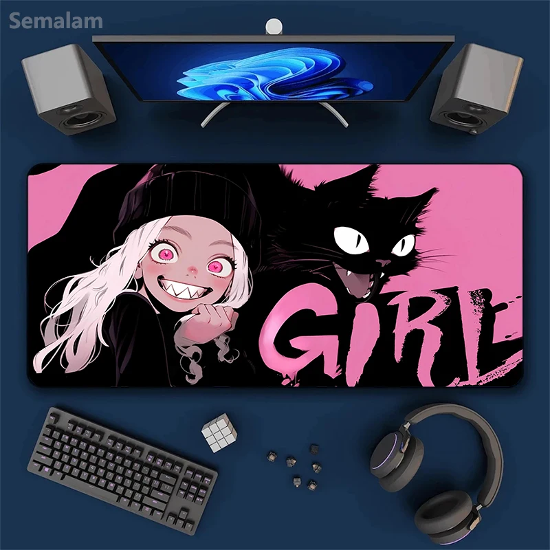 

Naughty Girl & Black Cat Mouse Pad Non-Slip Washable Desk Mat for PC Gaming Pads Stitched Edge Various Sizes 40x90cm Office Rug