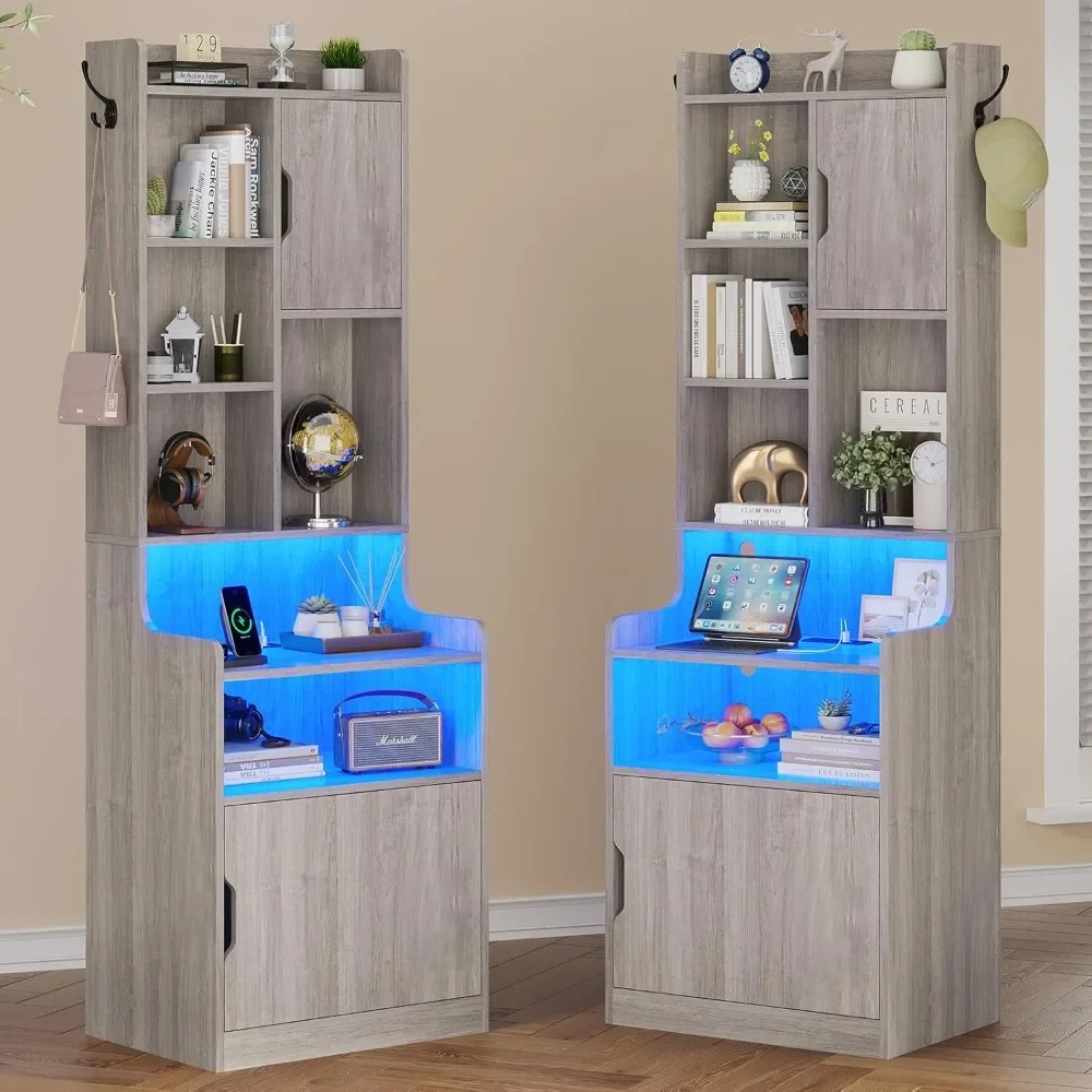 Nightstand with Charging Station, Large Shelves & Storage Cabinets, LED Bedside Table Set of 2 with Bookshelf & 2 Hooks