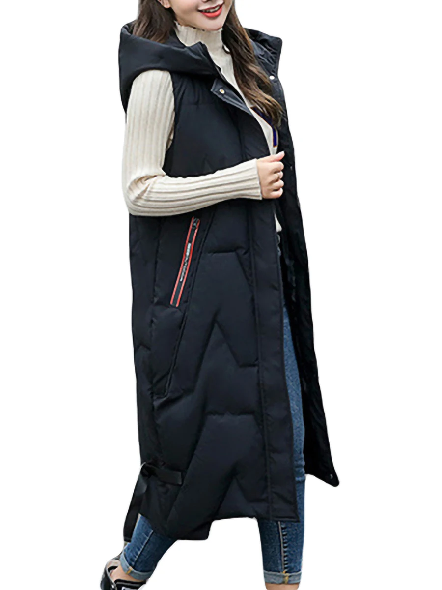 Women s Quilted Puffer Vest with Hood Mid-Length Sleeveless Winter Waistcoat Zipper Closure Lightweight Down Coat for Warmth