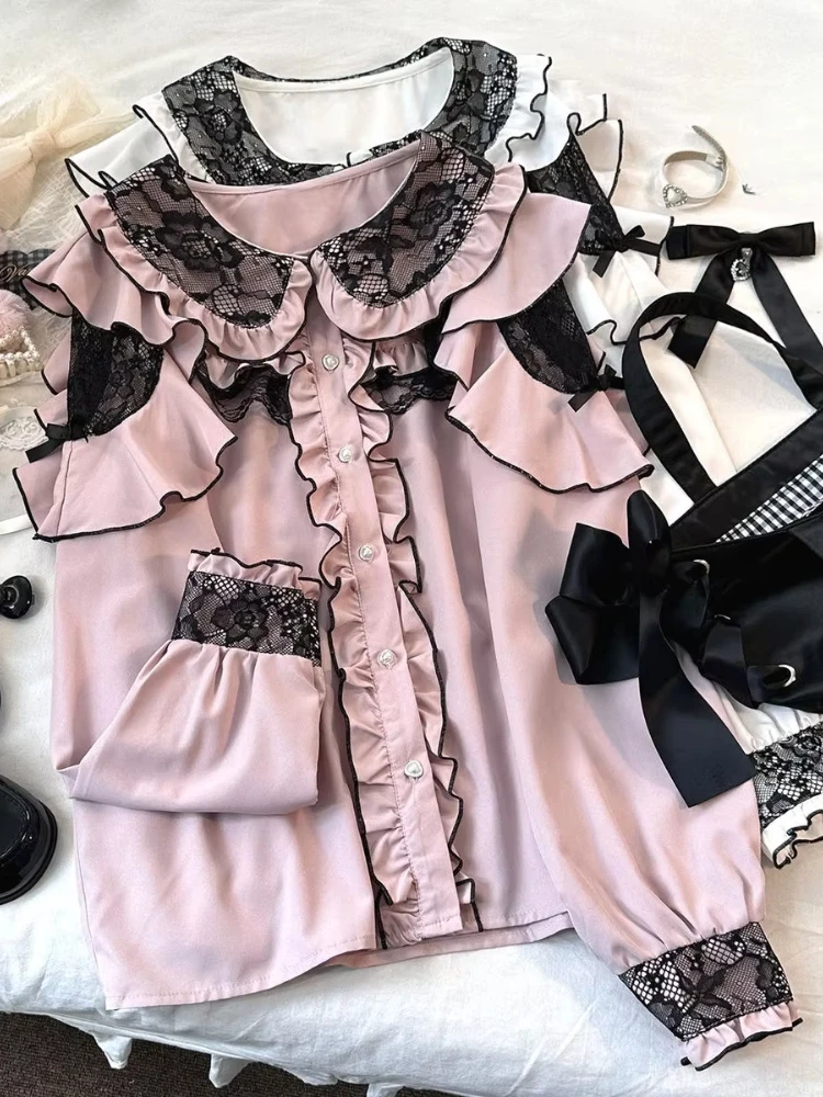 Spring Vintage Elegant Lace New Blouse Women Y2k Grey Long Sleeve Casual Female Tops Black Bow Ruffle Design Chic Outfits 2025