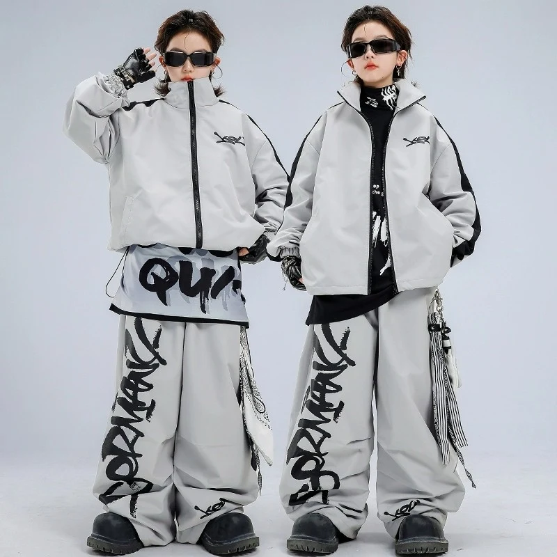 Abbigliamento Hip Hop Ragazzi Street Dance Baggy Abito grigio Maniche lunghe Cappotto Pantaloni Poppin Performance Costume Sport Jogger Wear BL18039