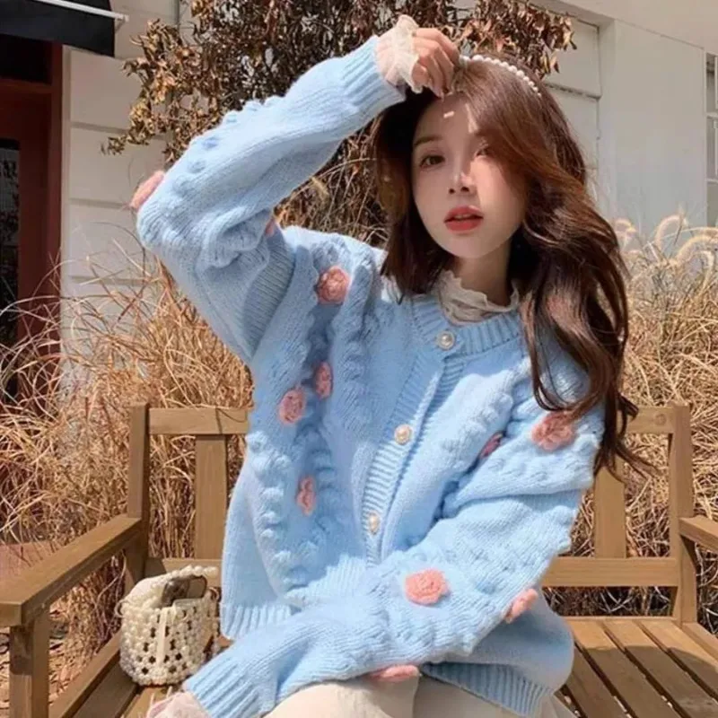 

Модный женский осенне-зимний нежный трикотаж ручной вязки с 3D цветами, кардиган, мягкие свитера, новое пальто на пуговицах, топы с длинными рукавами