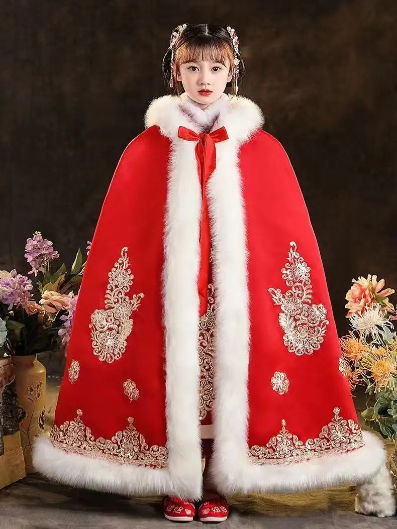 New Red Thick Coat Hanfu Cloak Autumn and Winter Windproof Cape Chinese Style Little Girl Floral Embroidery 3-12 yeas