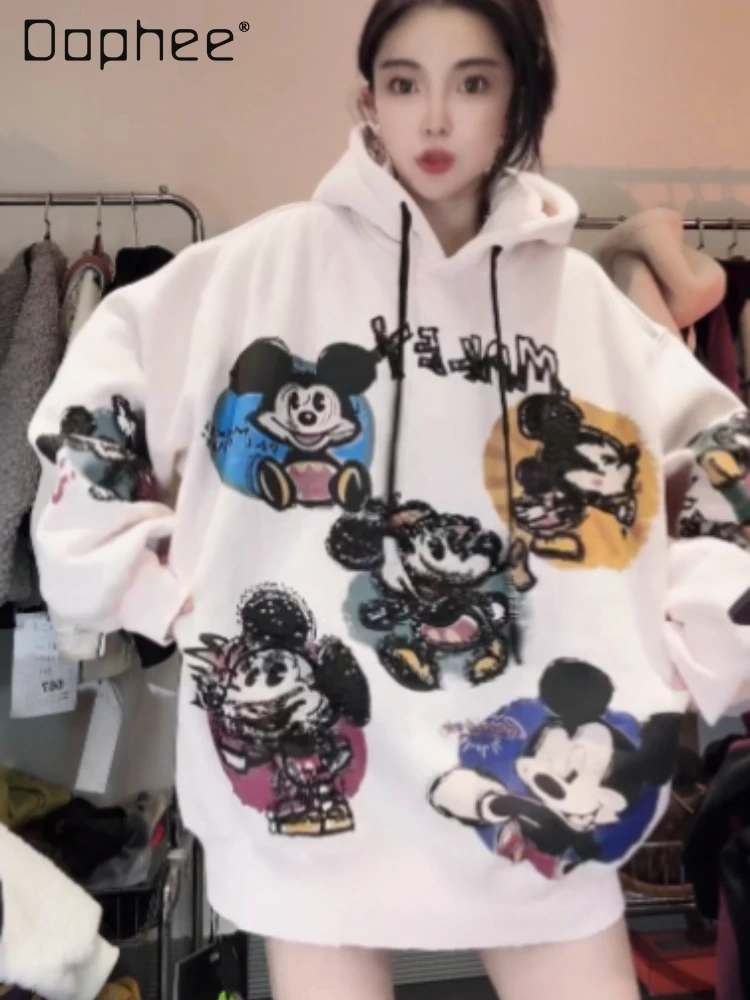 Cartoon Hoodies Women Korean Version Tide Sweet Heavy Industry Embroidered Fleece Hooded Loose Jumper Sweatshirt Winter Clothes