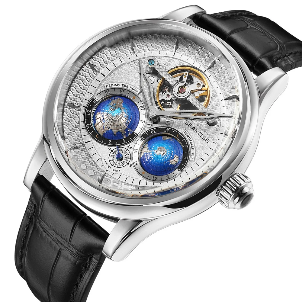 SEAKOSS Luxe dubbele aarde roterende mechanische herenhorloge Automatisch uurwerk Waterdichte klok Piloten Heren 1963 vliegwielhorloges