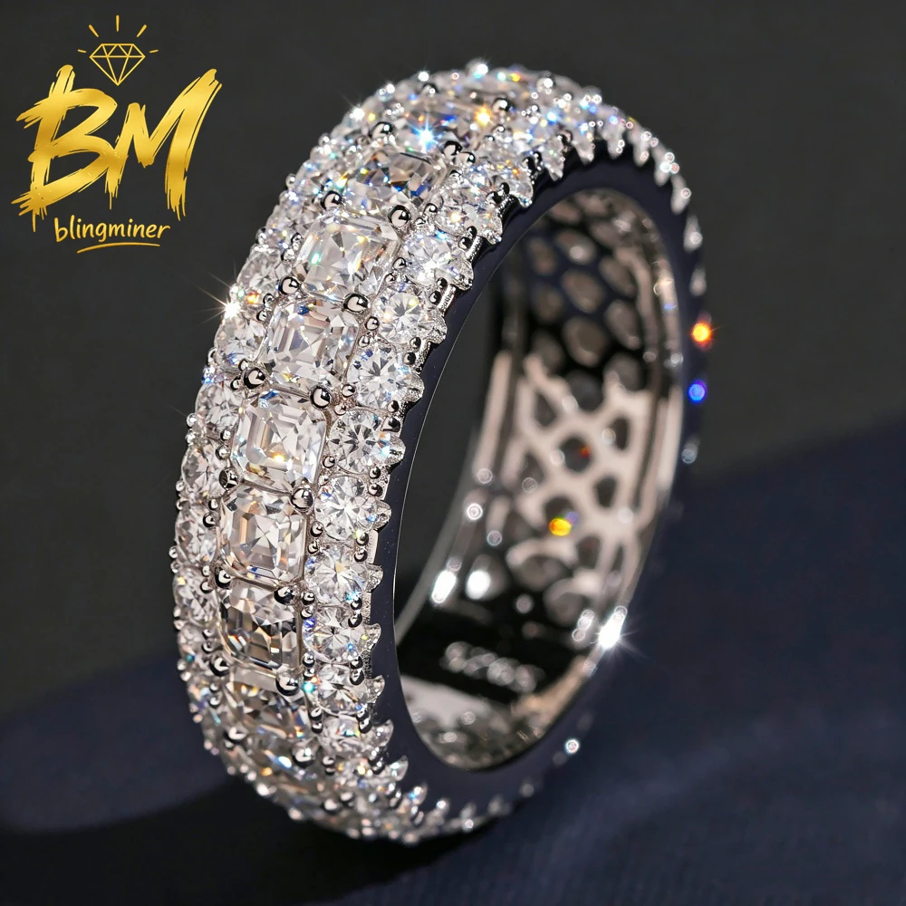 Blingminer All New Asscher Cut VVS Moissanite Rings For Men Women S925 Silver Finger Jewelry Pass Diamonds Tester Free Shipping