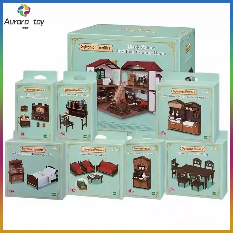 Original Sylvanian Families Classic Brown Vintage Furniture Bed Cabinet Sofa Set Toys Ornament Collectible Birthday Gifts