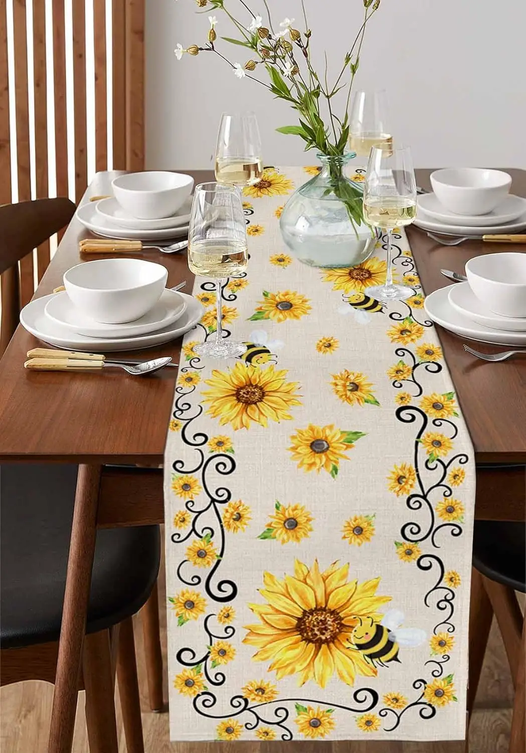 Summer Yellow Sunflowers Bee Linen Table Runners Farmhouse Style Dresser Scarf Table Decor Wedding Party Home Dining Table Decor