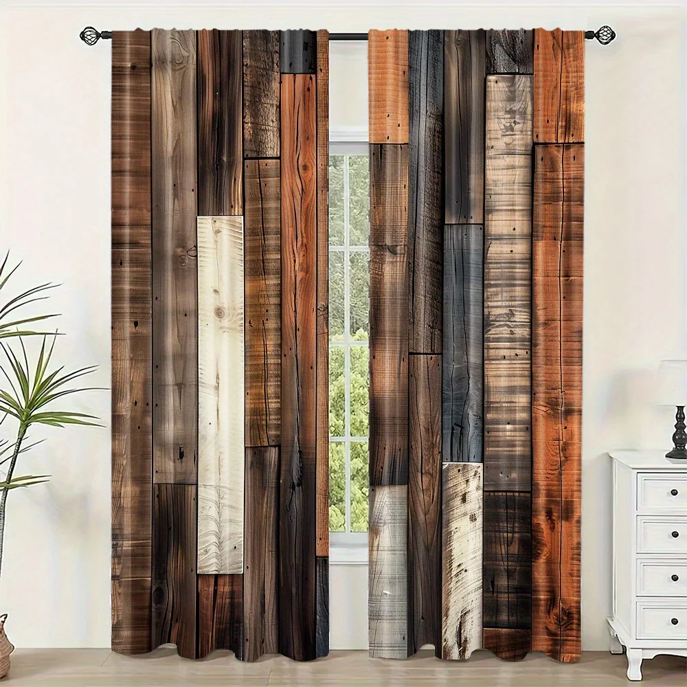 

2-Piece Set Elegant Retro Wooden Door Design Curtains Rod Pocket Digital Print For Living Room Bedroom Kitchen Window Home Deco