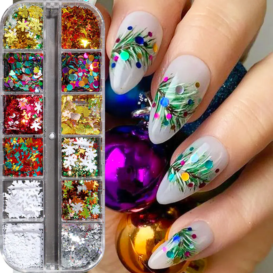 

12Grid Colorful Laser Nail Glitter Sequins Christmas Snowflakes Maple Shining Flakes 3D Mixed Holo Star Heart Dot Manicure Decor