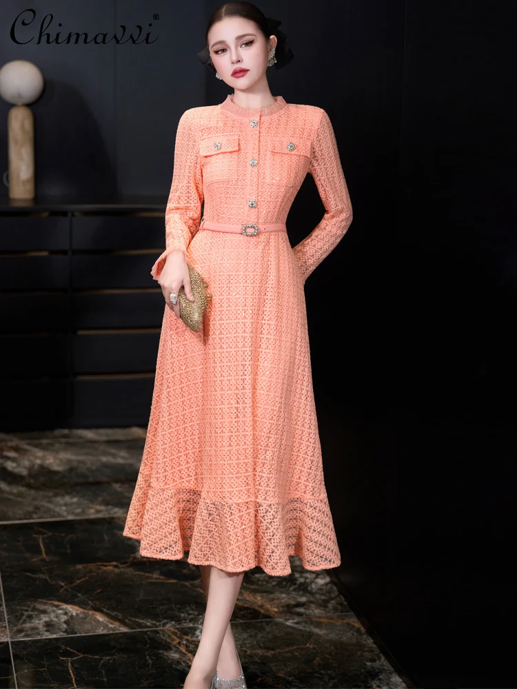 فساتين سهرة فرنسية أنيقة برقبة دائرية وأكمام طويلة من الدانتيل والترتر وحزام خصر عالي بقصة ضيقة فستان طويل للنساء #1