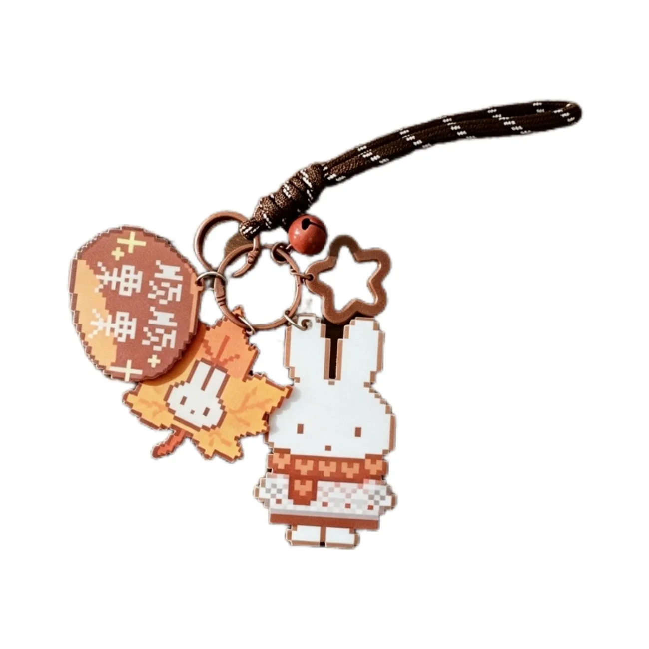 Cute Pixel Rabbit Keychain, Brown Braided Strap with Bell Star Clip & Acrylic Charms, Trendy Portable Kawaii Bunny Gift Girls