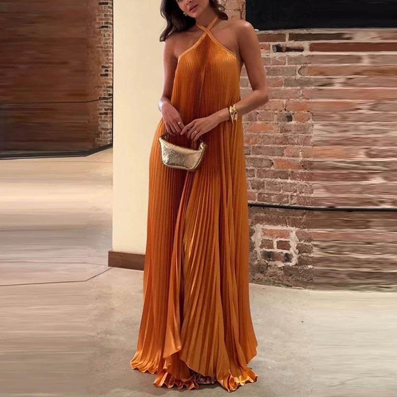 Fashion Halter Solid Color Evening Dress Summer Hollow Out Sleeveless Pleated Long Dress Ladies Sexy Backless Loose Party Dress