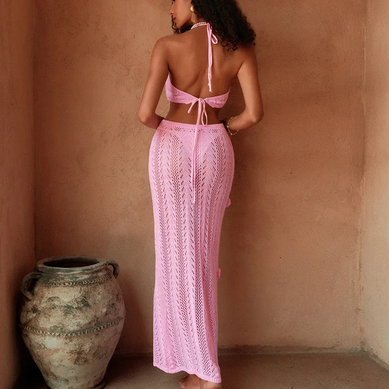 New Style Tie Up Top Slim Skirt Suit Knitted Beachwear Cover Up With Flower Decoration Sexy Fashion Hollow Out Vacation Cover-Up