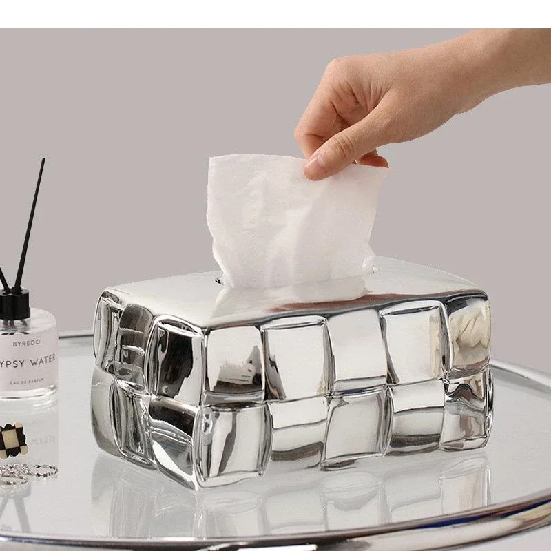 Asymmetric Grid Silver Plated Tissue Box Decorative Paper Towel Coffee Table Desktop Boxes Modern Decor