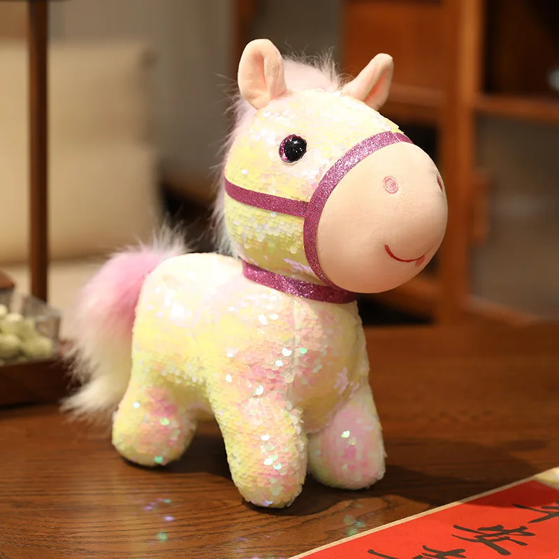 Jouet en peluche mascotte cheval avec détails pailletés année du cheval poupée poney colorée pour cadeau d'événement du nouvel an
