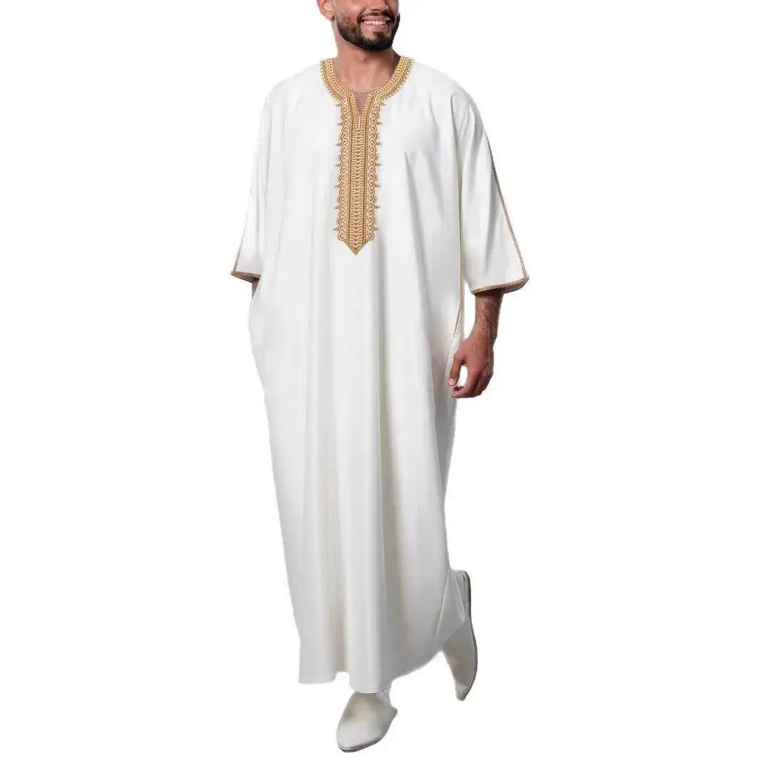 Nuovo abito musulmano ricamato a maniche lunghe con abito da uomo marocchino in stile etnico tasca laterale Ramadan Dubai lusso Islam elegante