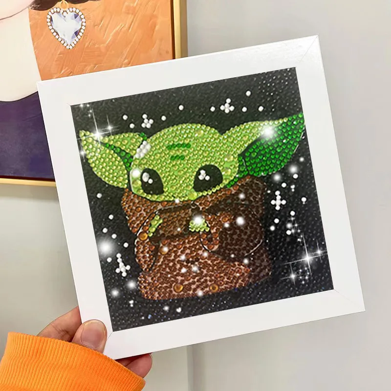 17x17cm With White Frame 5D Full Round Drill Diamond Painting Kit Cute Big Ears Blue Alien Pet Boba Milk Tea Sparkle Cyan Bubble view 6