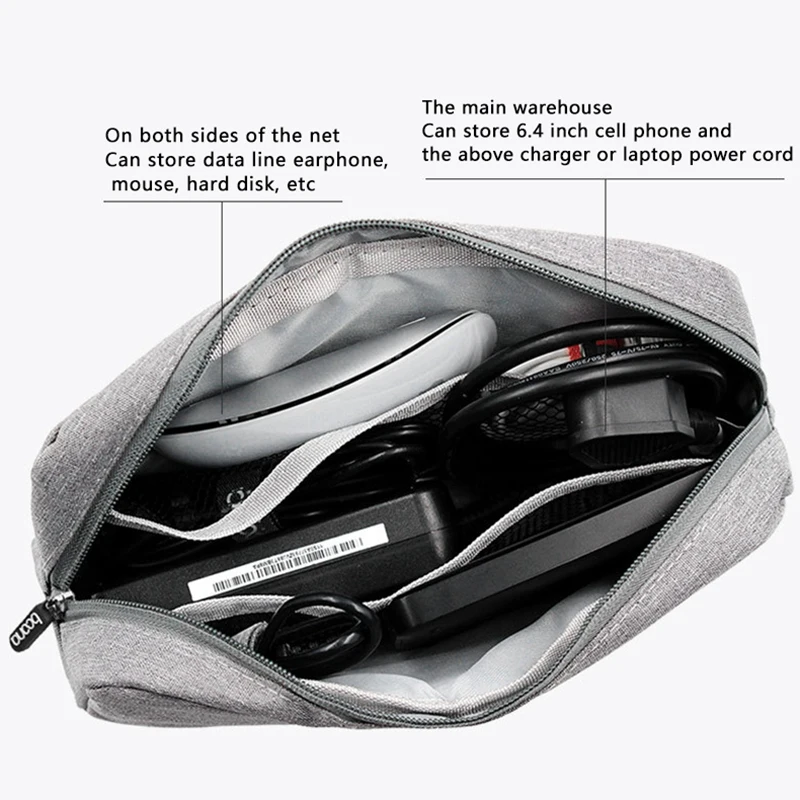 BOONA-Bolsa de almacenamiento portátil para viaje, bolsa de almacenamiento multifuncional para portátil, adaptador de corriente, Banco de energía, cargador de Cable de datos, gris