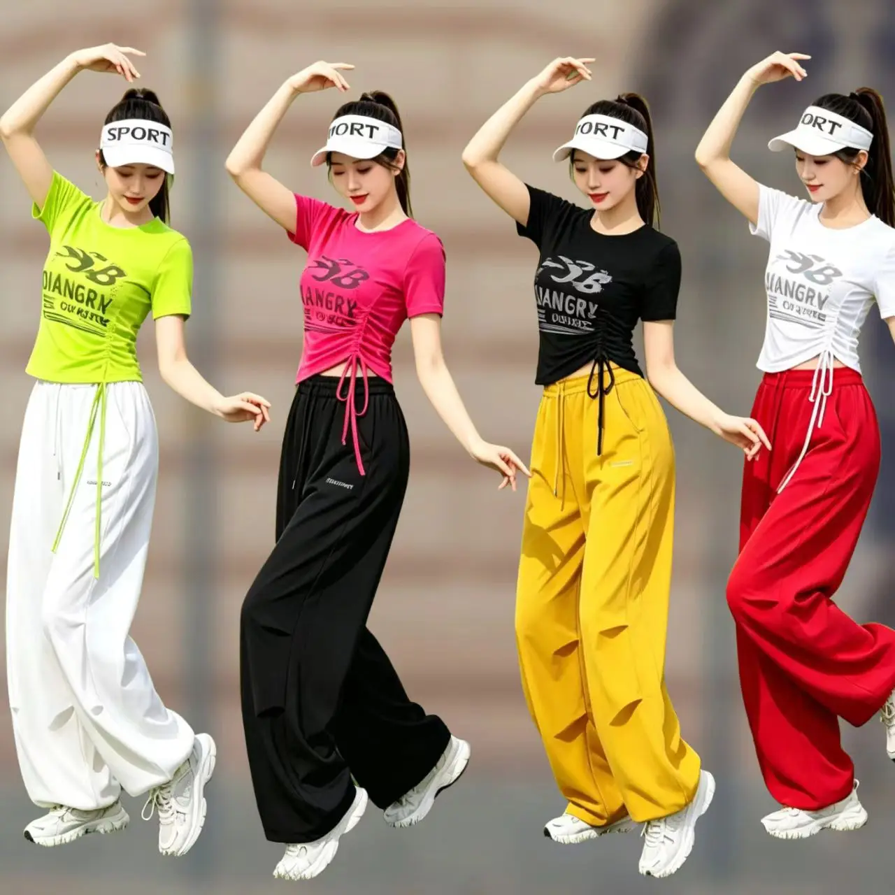 women's-square-dance-outfit-sportswear-short-sleeve-wide-leg-pants-team-exercise-performance-costume-fashionable-drawstring
