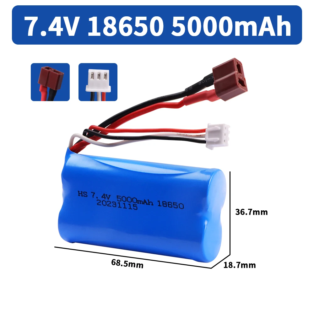 แบตเตอรี่อัพเกรด7.4V 18650 5000mAh สำหรับรถ wltoys 10428/12428/12423/Q46ชิ้นส่วนอะไหล่รถยนต์ RC พร้อมที่ชาร์จ7.4V T