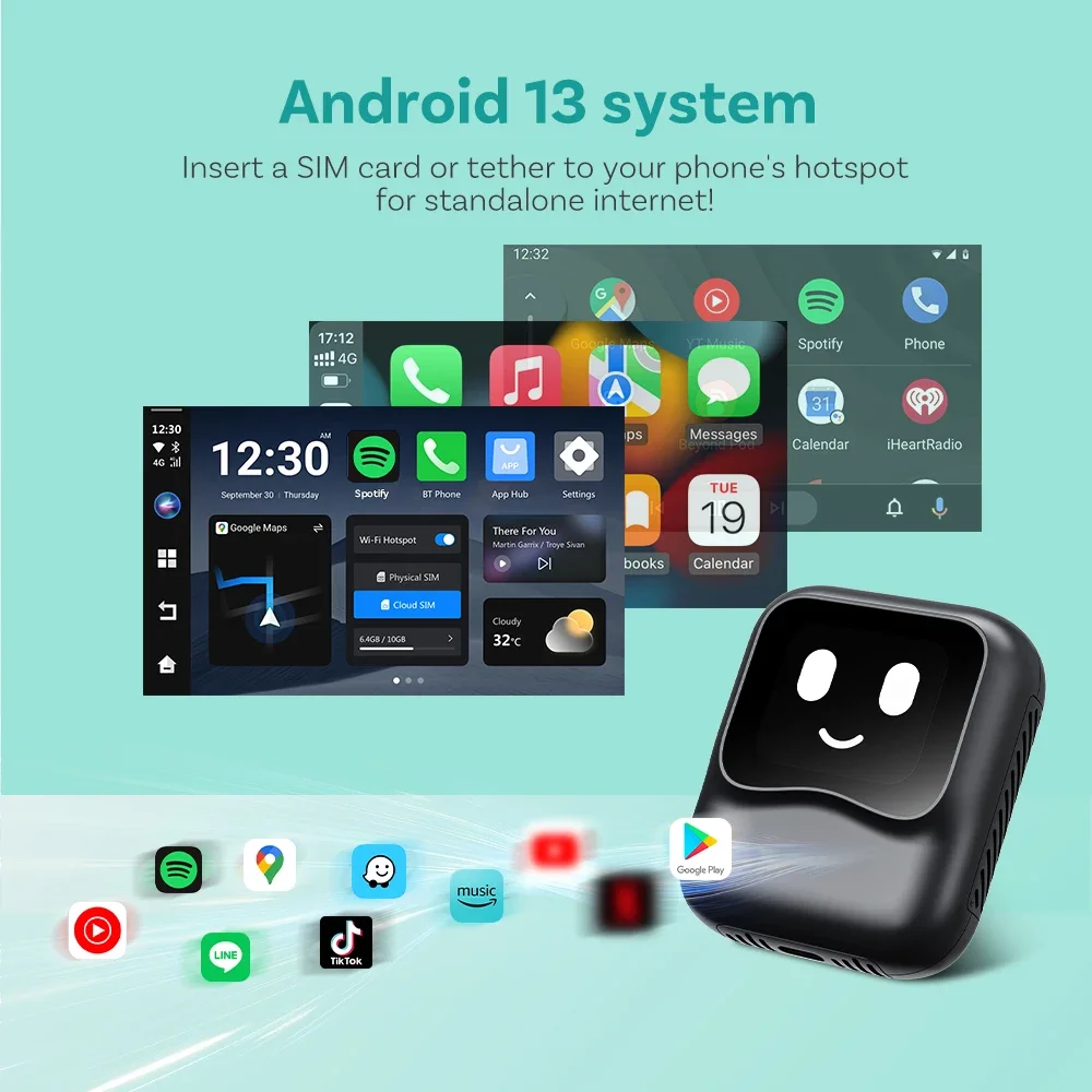 

Nano Wireless AI voice CarPlay Android Auto Adapter Octa Core Android 13 QCM6225 Octa Core for Wired CarPlay Cars New