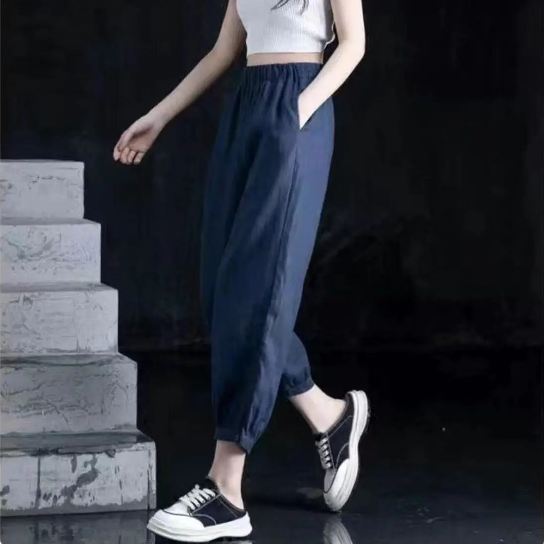 Ice Silk Casual Wide Leg Pants Women Summer Thin Korean Version Loose Slimming Nine Points Cuffed Harlan Lantern Pants