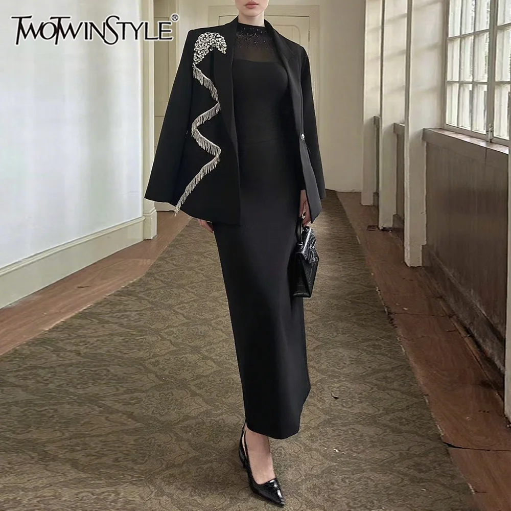 

TWOTWINSTYLE Элегантные комплекты из двух предметов для женщин с лацканами и длинными рукавами, блейзер с кисточками и круглым вырезом, лоскутное платье из бисера, женский комплект