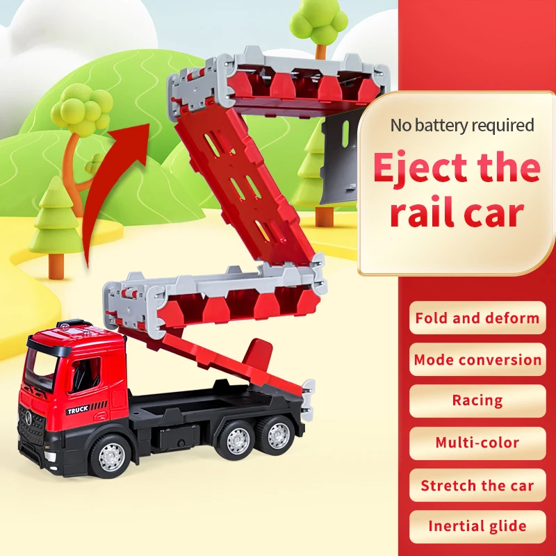 Ejection Folding Rail Container Truck Toys with 12 Pieces Mini Alloy Cars 80CM Length Rail Trucks Catapult Inertia Vehicle Car