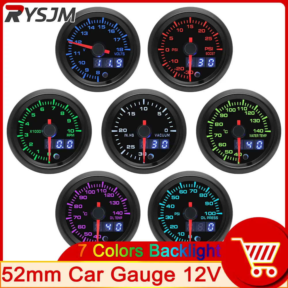 52mm Dual Display Water Temp Gauge 40-140 Celsius 7 Colors Led Car Meter with Sensor Oil Temp Meter Boost Meter Voltmeter 12V