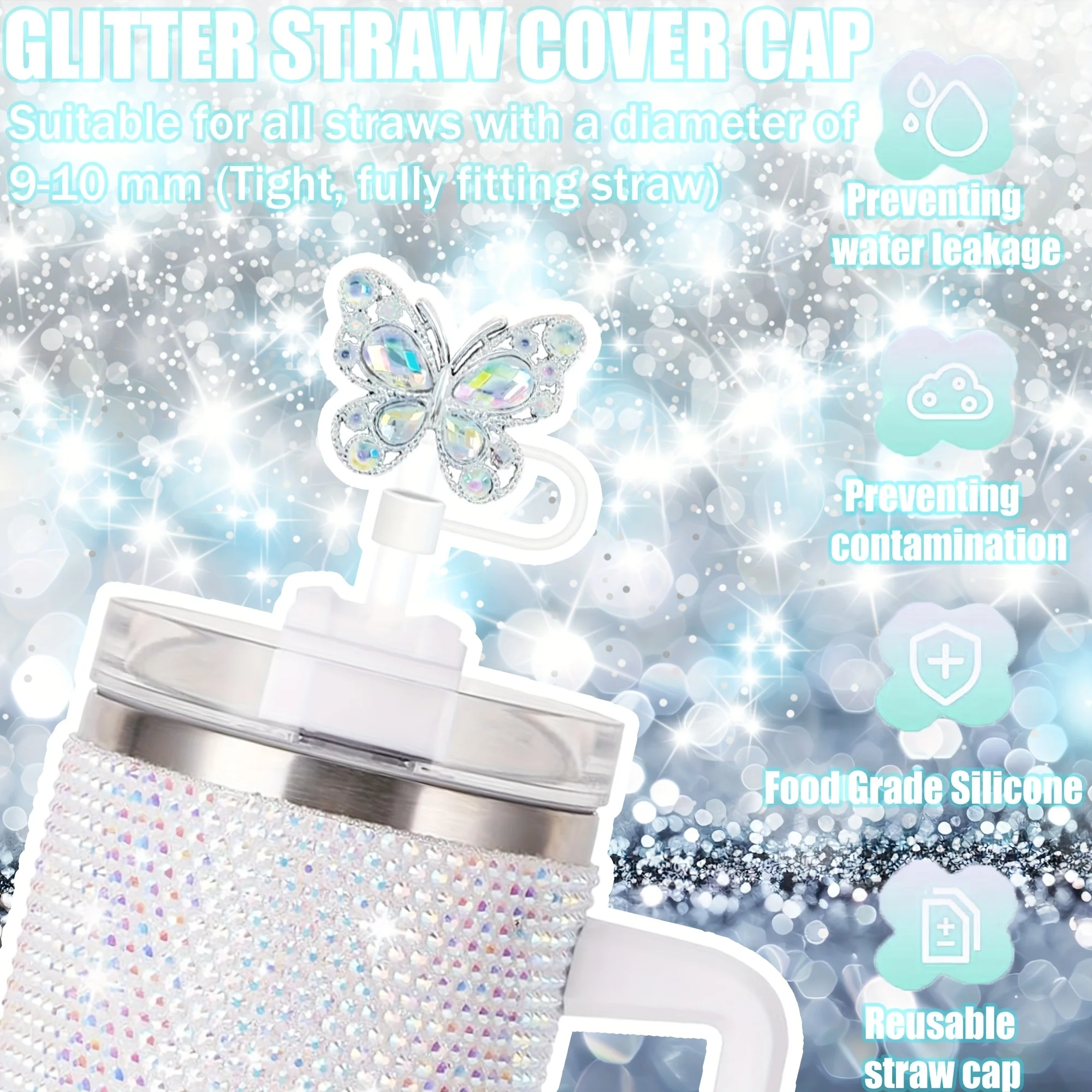 4 قطع من أغطية القش المصنوعة من السيليكون على شكل فراشة لامعة، أغطية قابلة لإعادة الاستخدام مقاومة للغبار لشفاطات قطرها 1.02 سم، تصميم طرف القش المزخرف