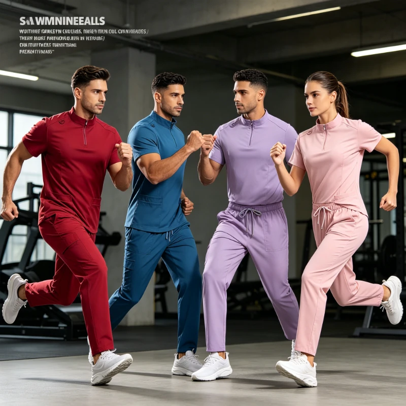 Mens Stand Collar Zip Front Scrub Set Workwear Straight Leg Pants Casual Gym Fitness Uniform Suit