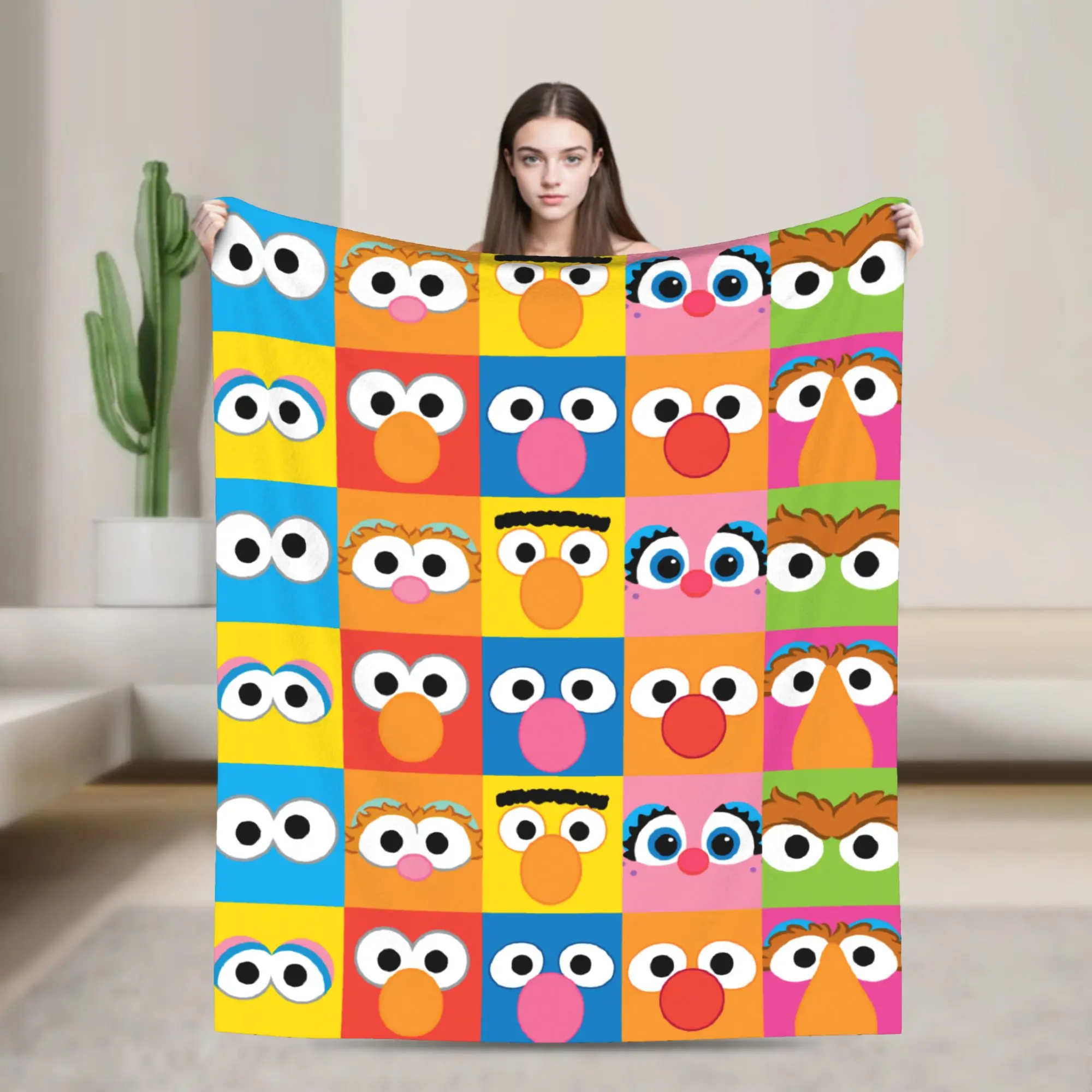 Sesame Street Character Eyes Pattern Blankets Flannel  Super Warm Throw Blanket for Outdoor Travel Bedspread
