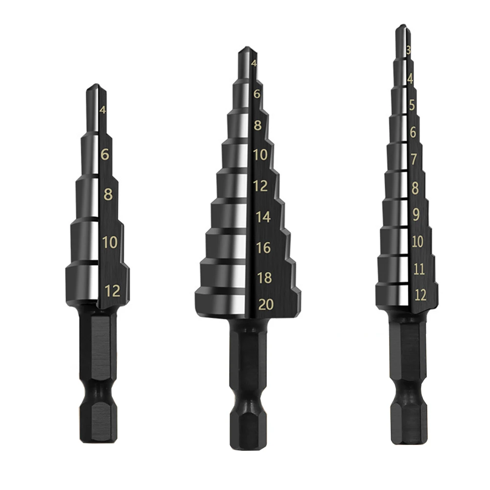 1pc Step Drill Bit Set HSS Steel Nitrogen Coated Spiral Grooved Drill Bits 3-12 4-12 4-20mm Hole Cutter Cone Fast Drill Bit