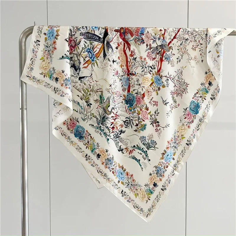 Spring/Summer Concise Flower&Bird Graphic Imitation Silk Neckerchief Outdoor Breathable Wraps for Women 70cm Print Square Scarf