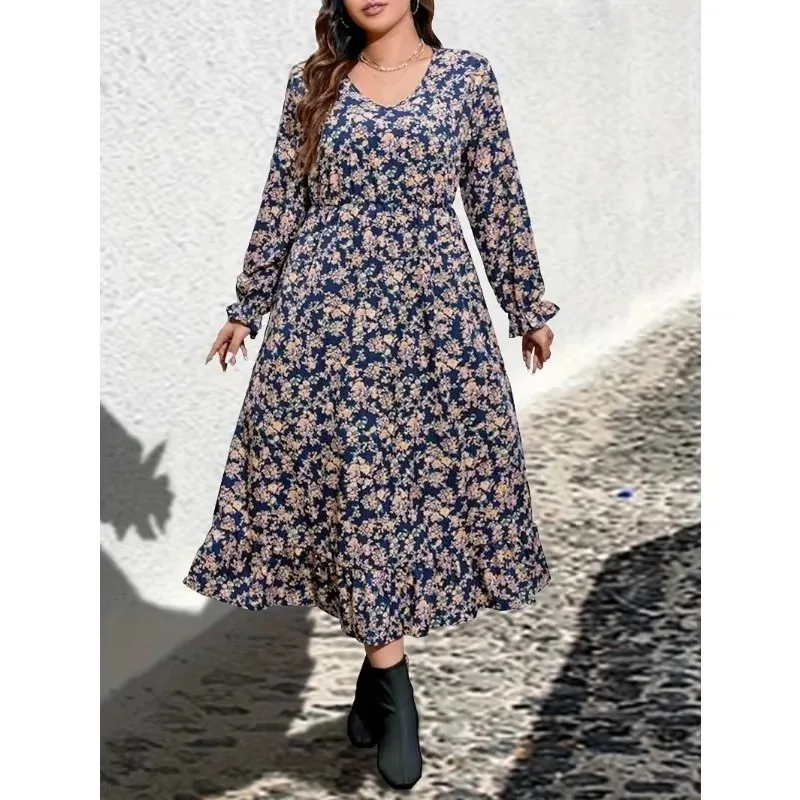 Robe blouse décontractée à imprimé floral pour femme, manches lanterne, col en V, grande taille, 1XL-5XL