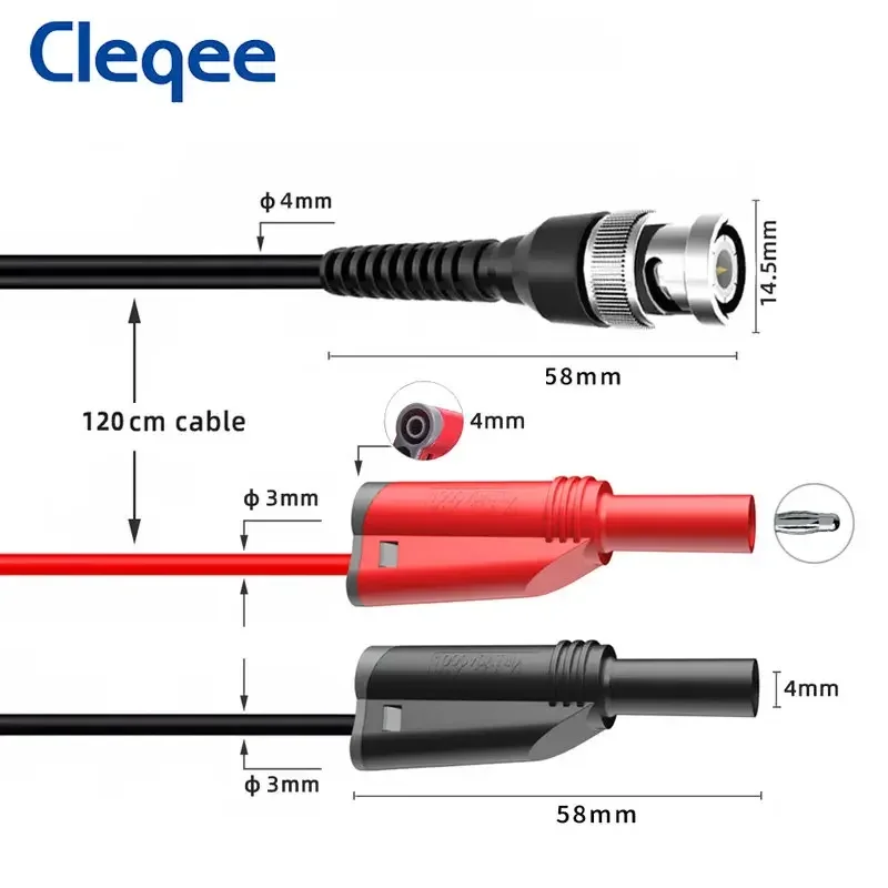 Cleqee P1010 BNC Q9 To Dual 4mm Stackable Shrouded Banana Plug with Test Leads Probe Cable 120CM