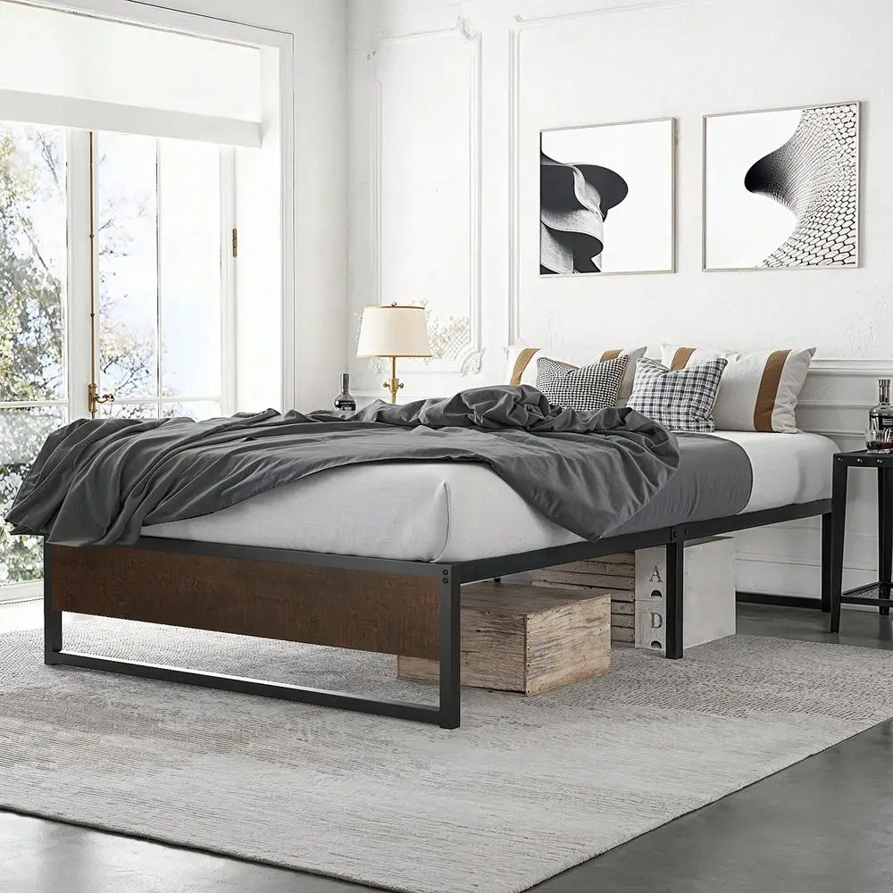 

14 Inches Metal Four Size Platform Bed Frame With Rustic Wood Footboard,Mattress Foundation With Storage, Metal Slats, Noise Fr