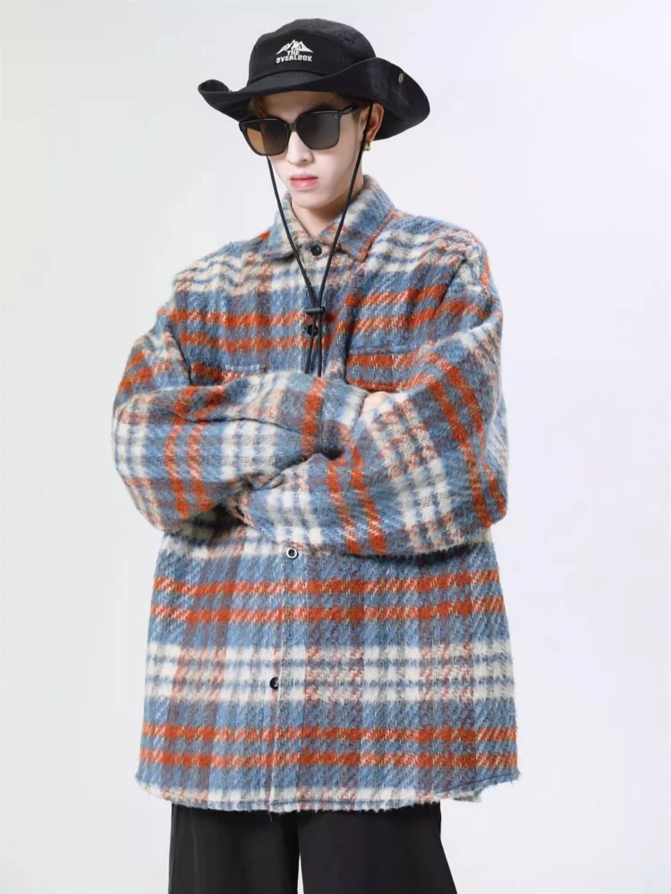 Baggy Blends Men Vintage Warm Plaid Woolen Coats Handsome French Style Cool Fashion High Street Autumn Winter Hipster Versatile