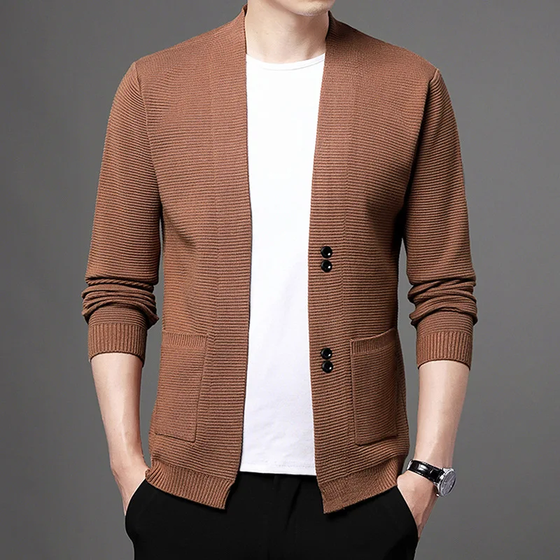 

Autumn and winter new men's cardigan casual V-neck versatile texture solid color outside sweater