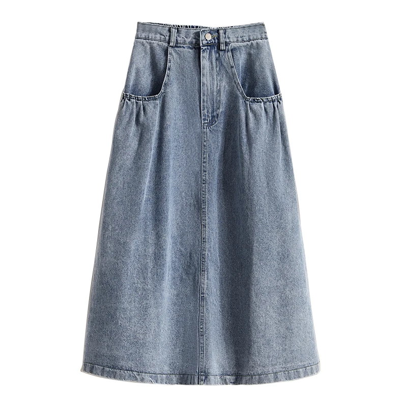 

High Waist A-Line Skirt plus Size Comfortable Elastic Casual Cotton Denim f-length Commute Korean Sle Pure Color