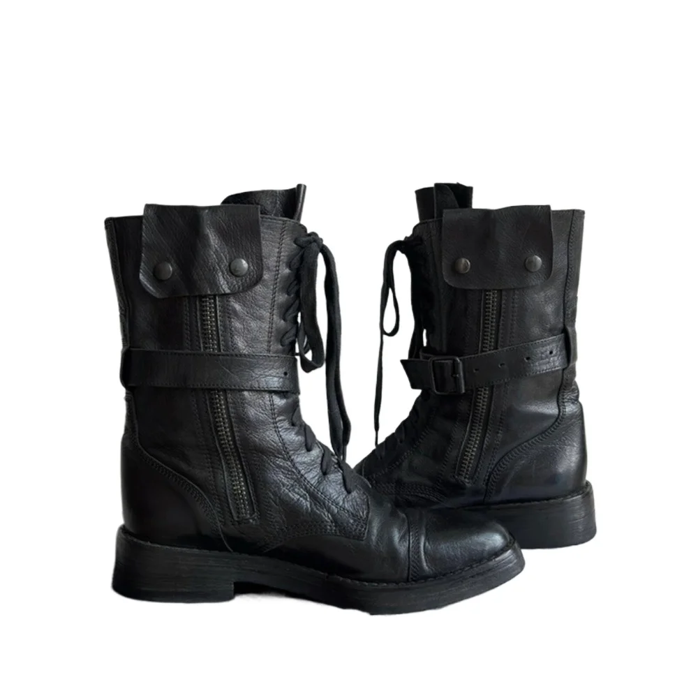 Women's Leather Motorcycle Boots Punk Retro Mid-Calf Western Cowboy Boots Black Soft Belt Buckle Strap High-top Moccasin Shoes view 5